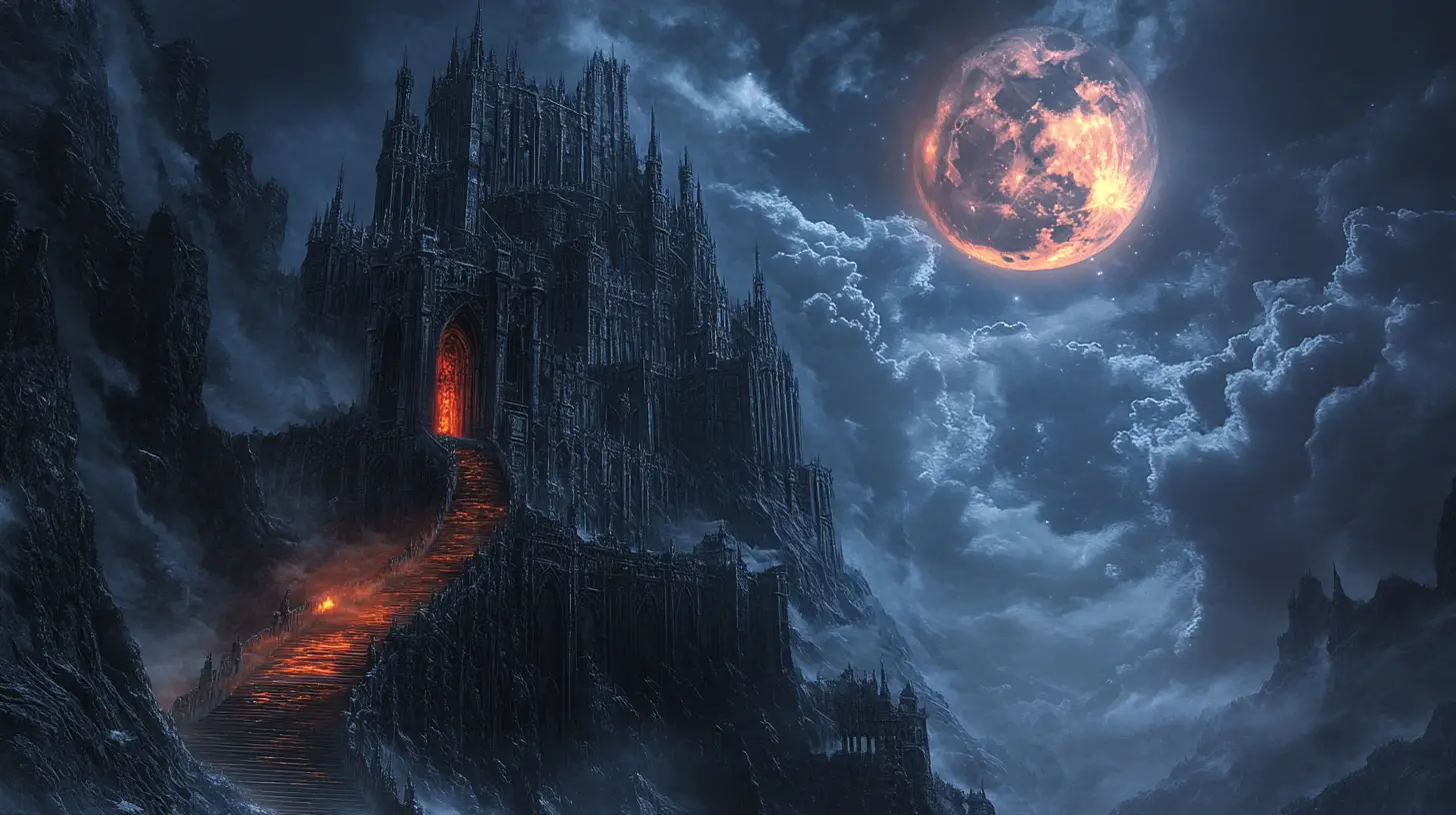 Gothic fortress under a swirling night sky and full moon