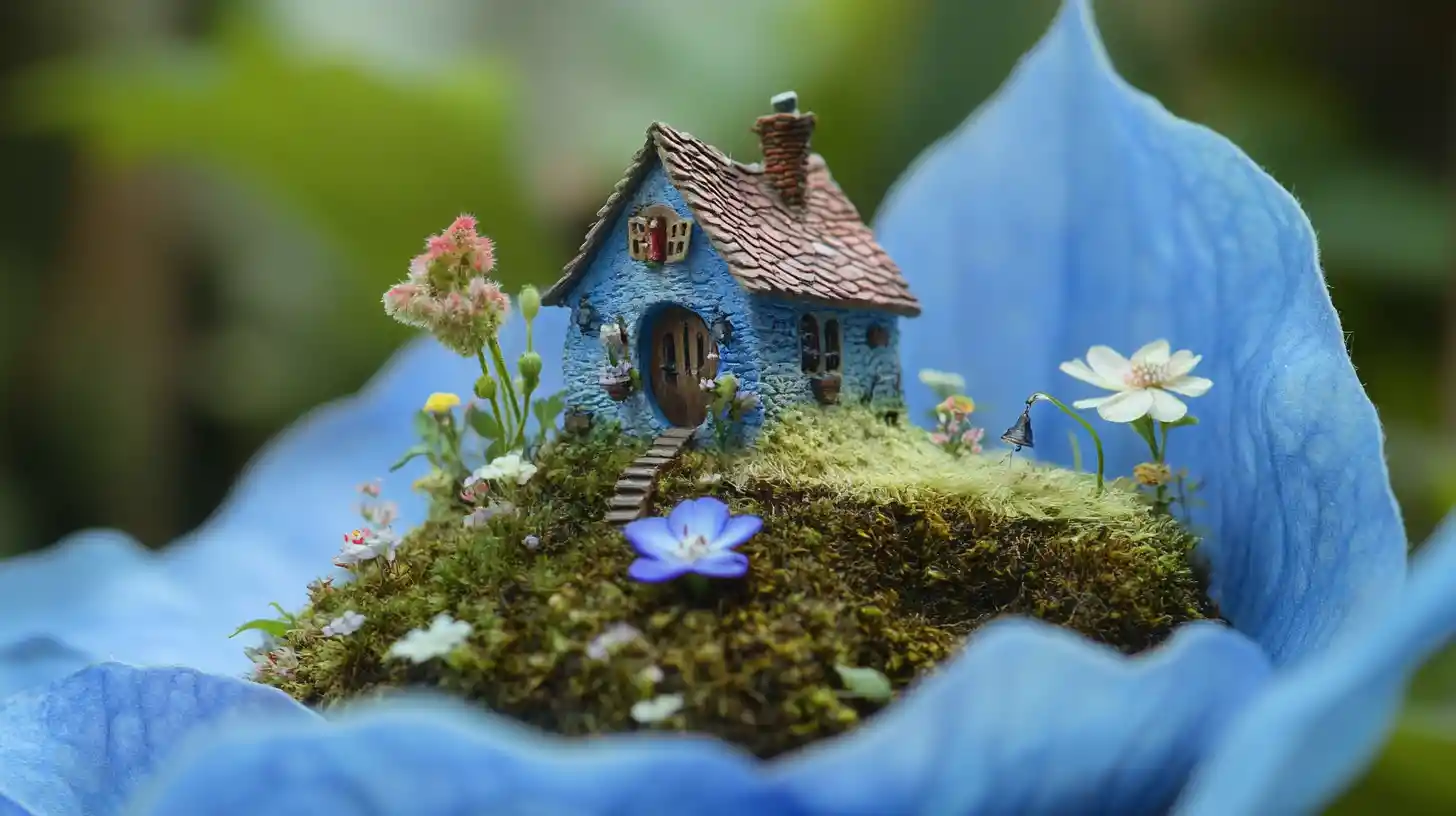 Whimsical miniature village hidden inside a blue flower