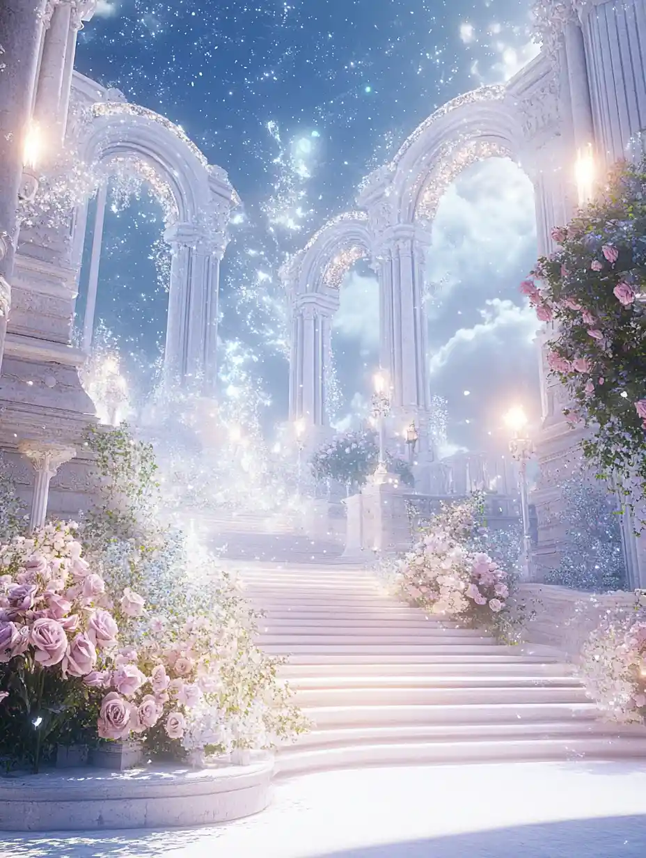 Crystal palace under a starry fantasy sky with glowing light
