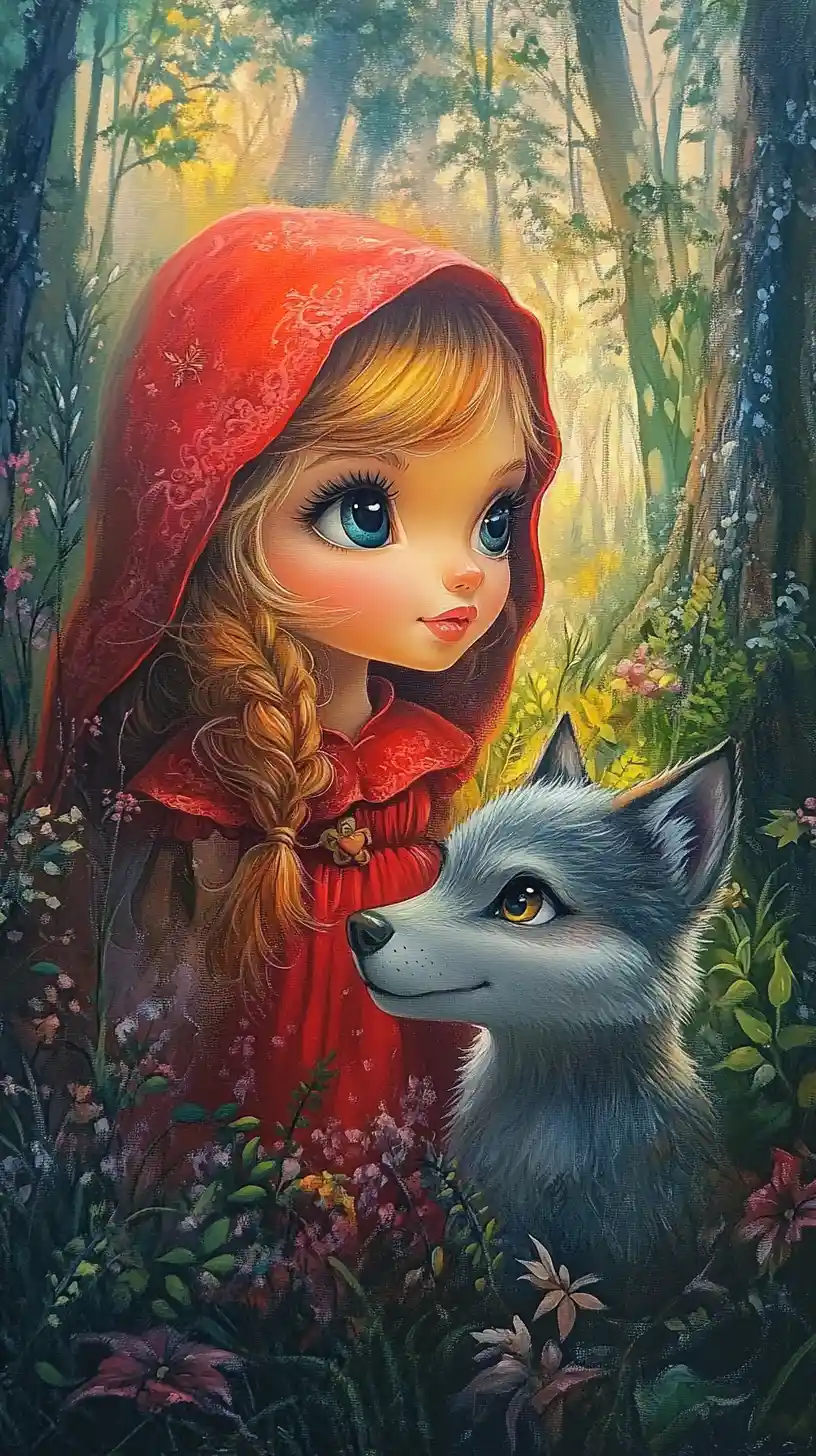 Little red riding hood and wolf in enchanted forest