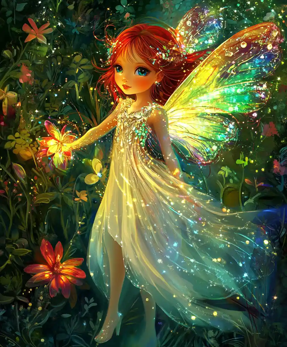 Whimsical fairy girl in a glowing enchanted forest