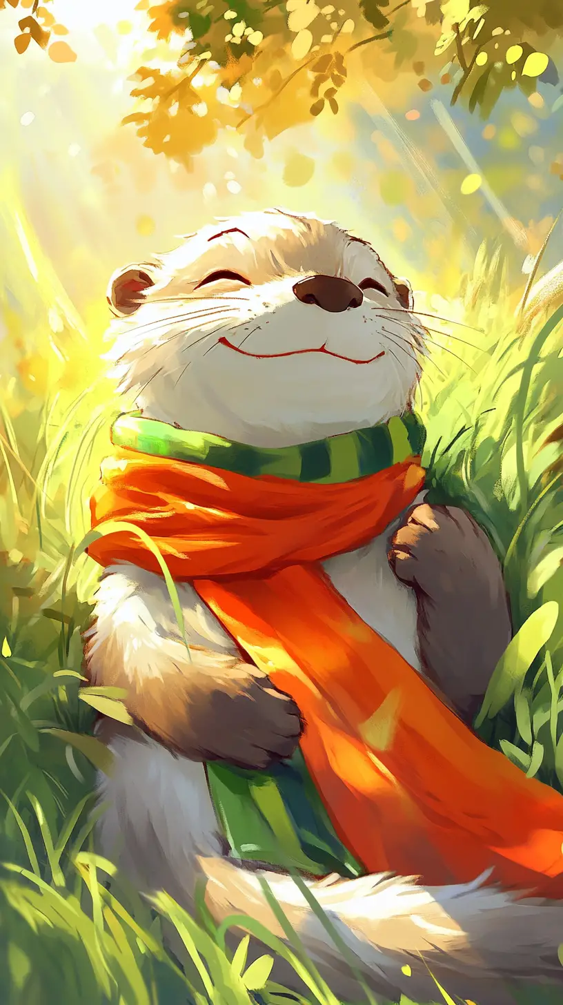 Cute white otter in an orange scarf resting in grass