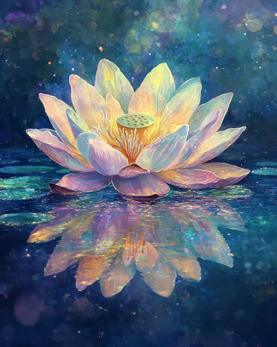 Radiant rainbow lotus floating on a tranquil sapphire lake