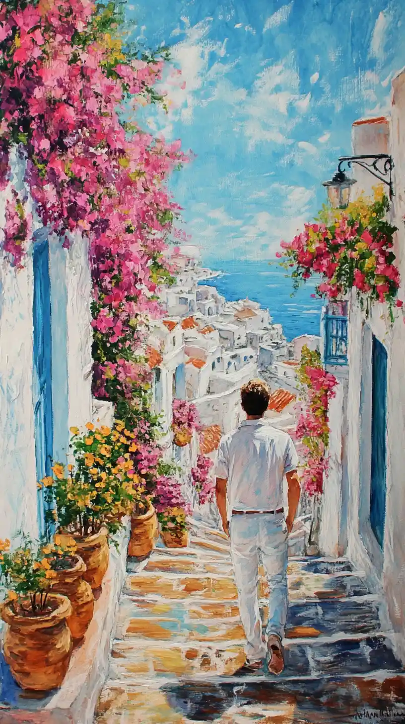 Young man walking down stairs in mediterranean village
