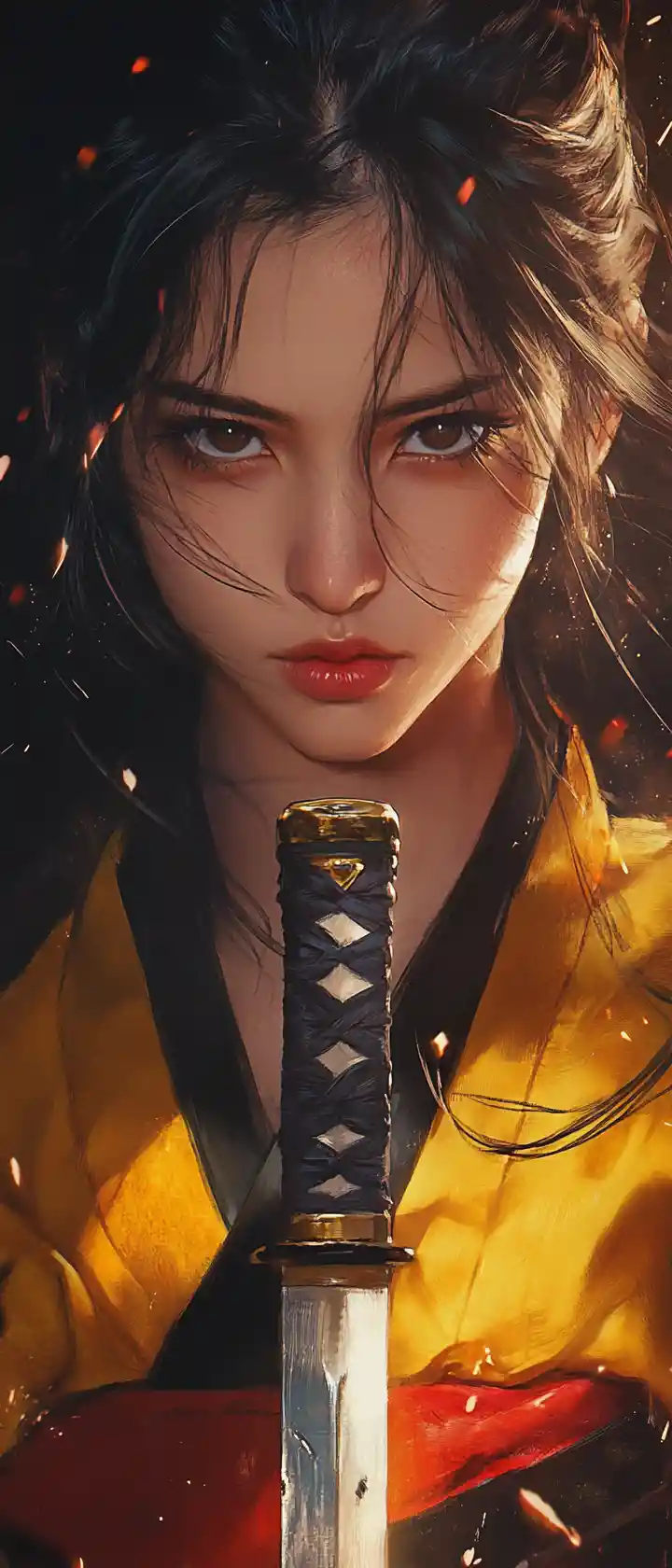 Anime warrior woman with sword in dramatic close up