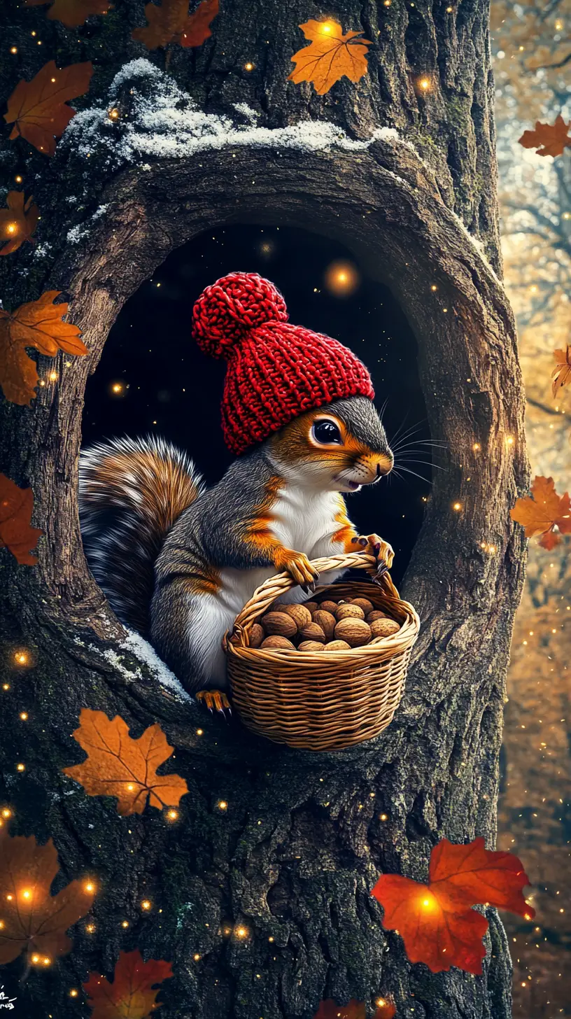 Cute squirrel with red hat in a magical forest
