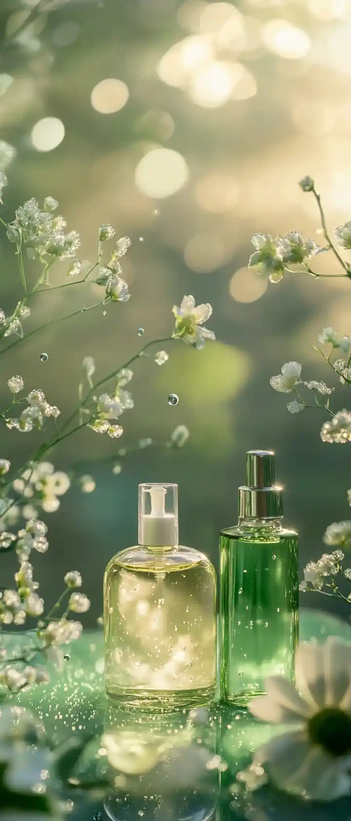 Natural skincare products in golden light street scene