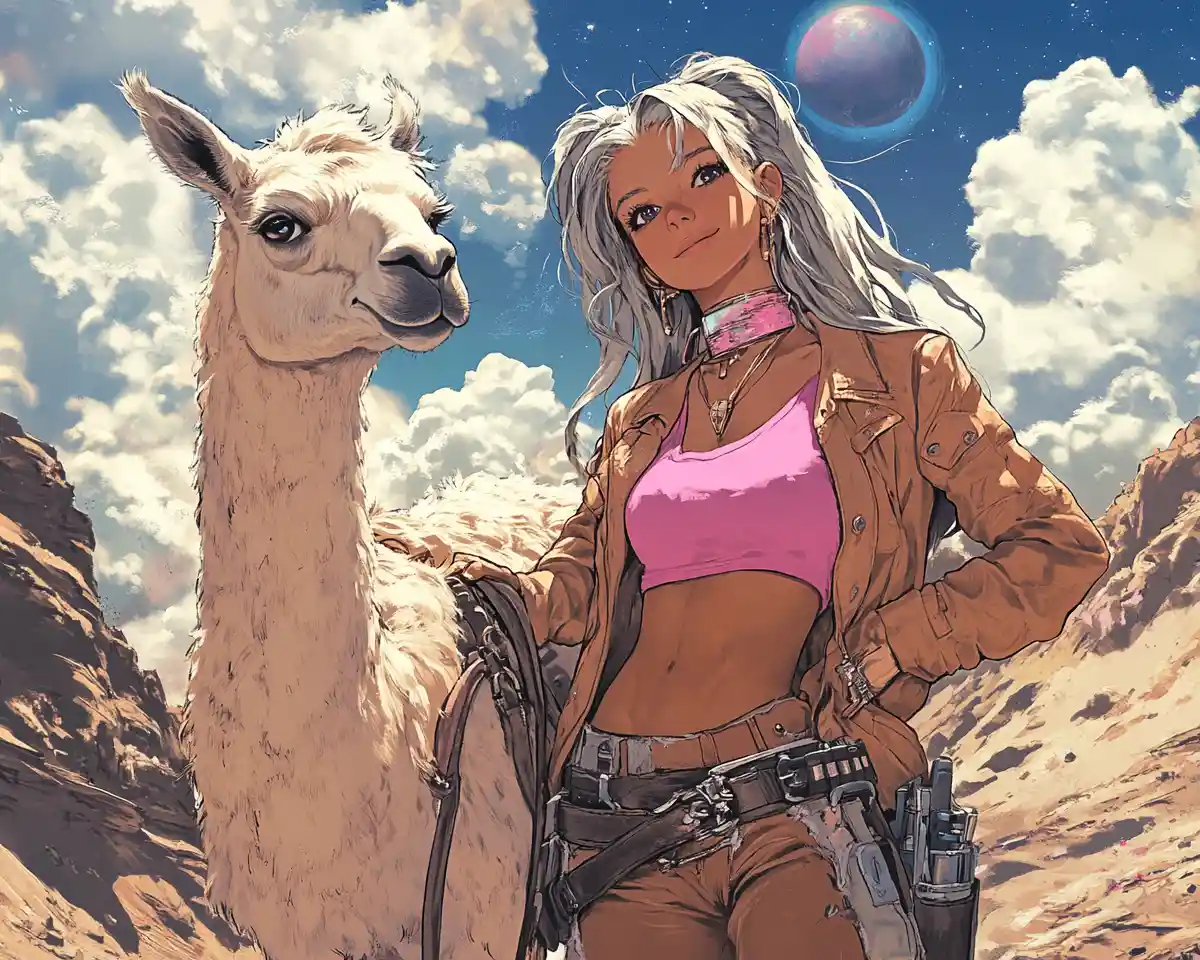 Anime outlaw woman with llama under alien stars