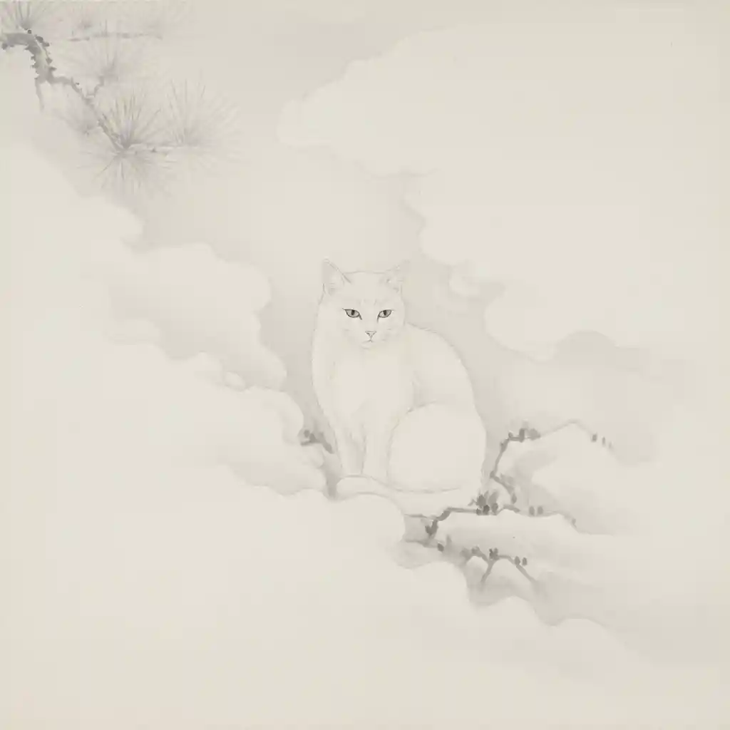 White cat resting in soft monochrome ink mist