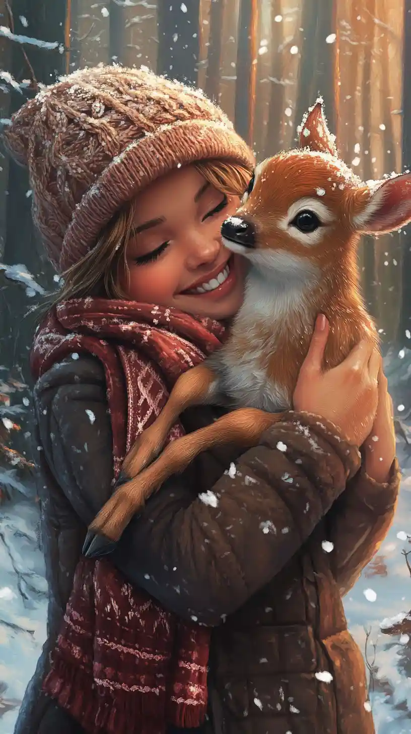 Cute brown skinned christmas girl hugging a fawn