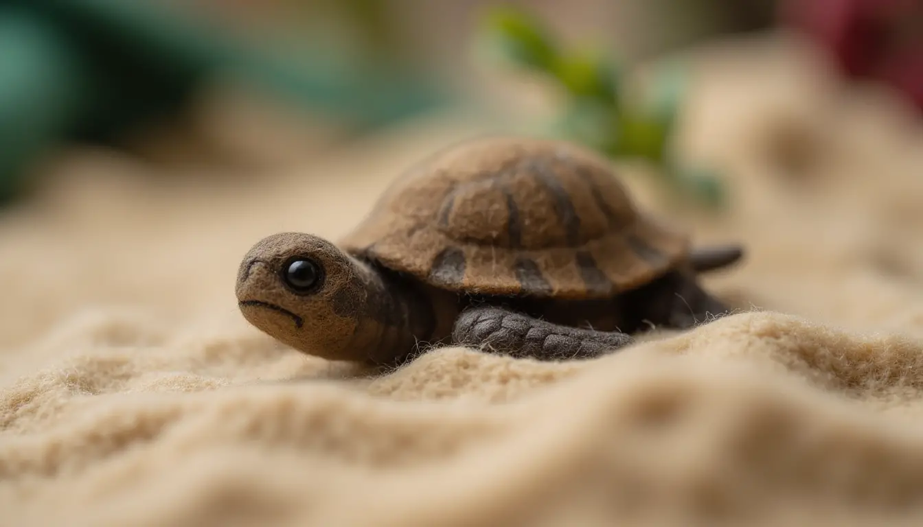 Needle felt turtle miniature in cozy sandy felt scene