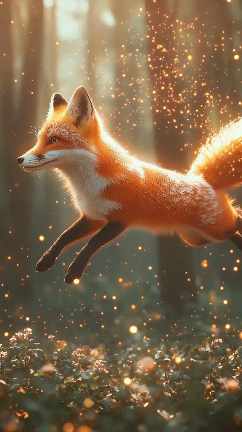 Playful fantasy fox close up in a glowing forest