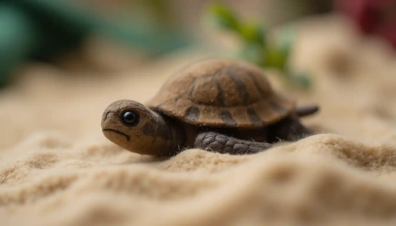 Needle felt turtle miniature in cozy sandy felt scene