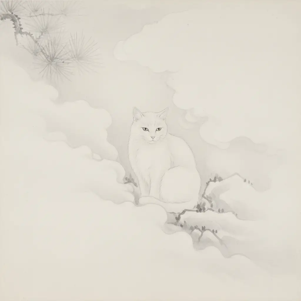 White cat resting in soft monochrome ink mist