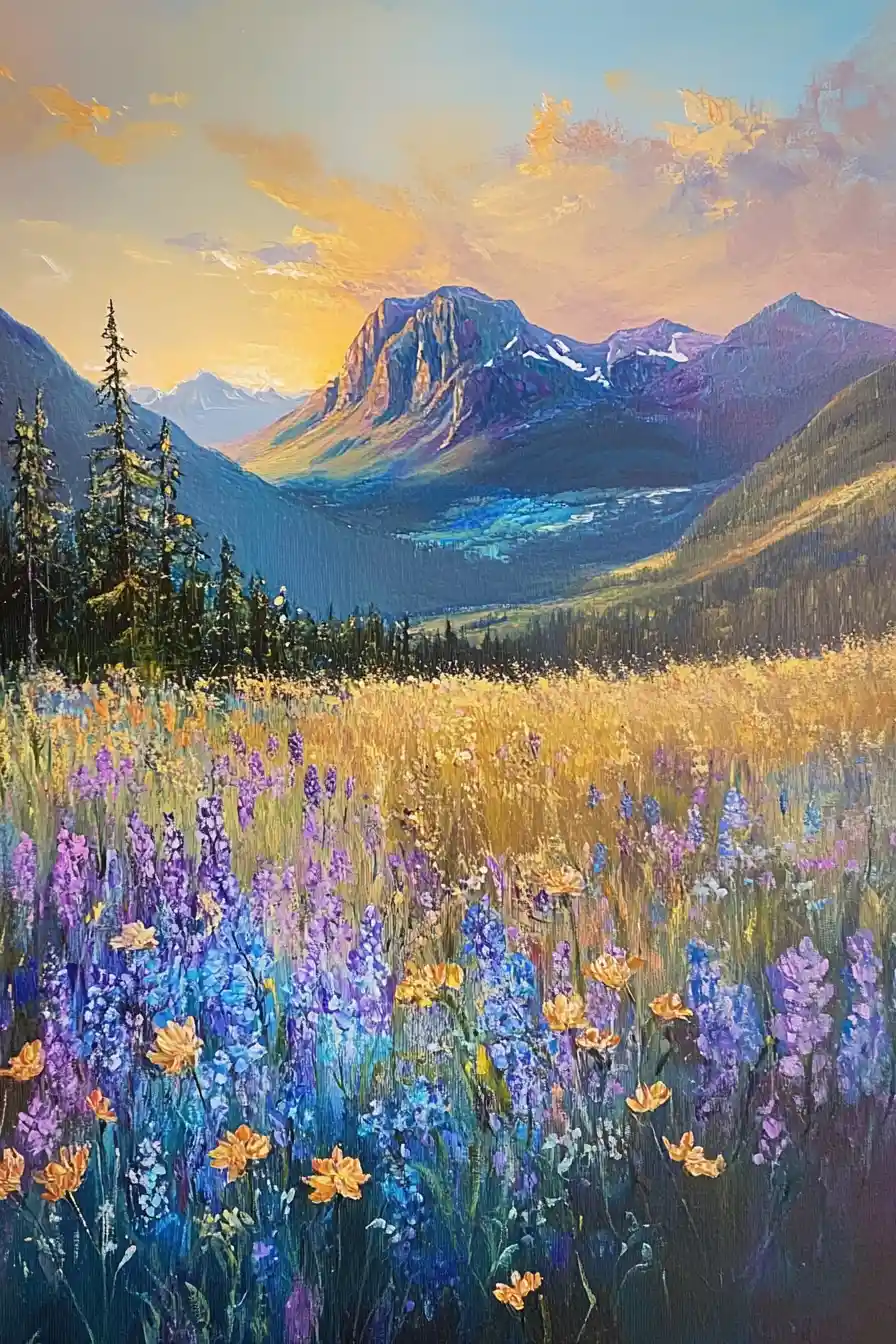 Mystical mountain meadows glowing with iridescent golden light