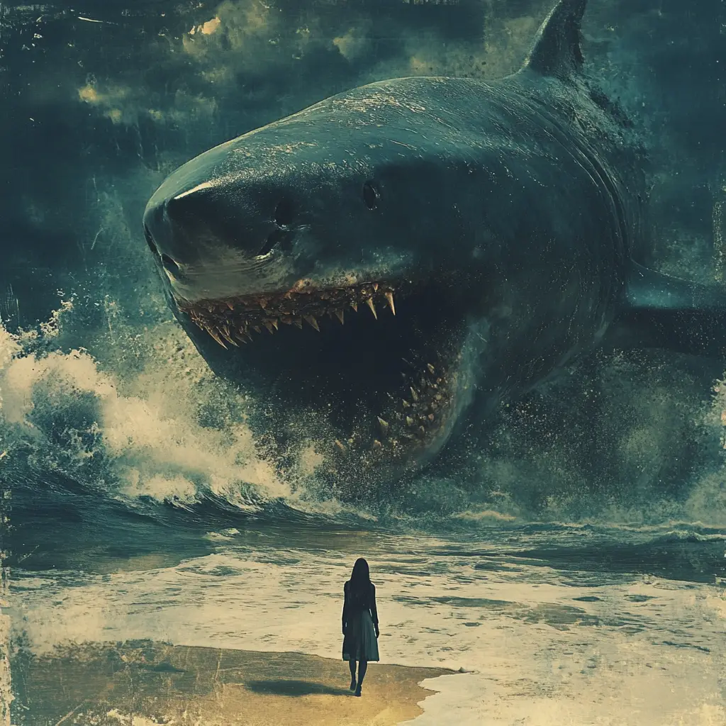 Surreal minimalist shark collage in deep ocean chaos