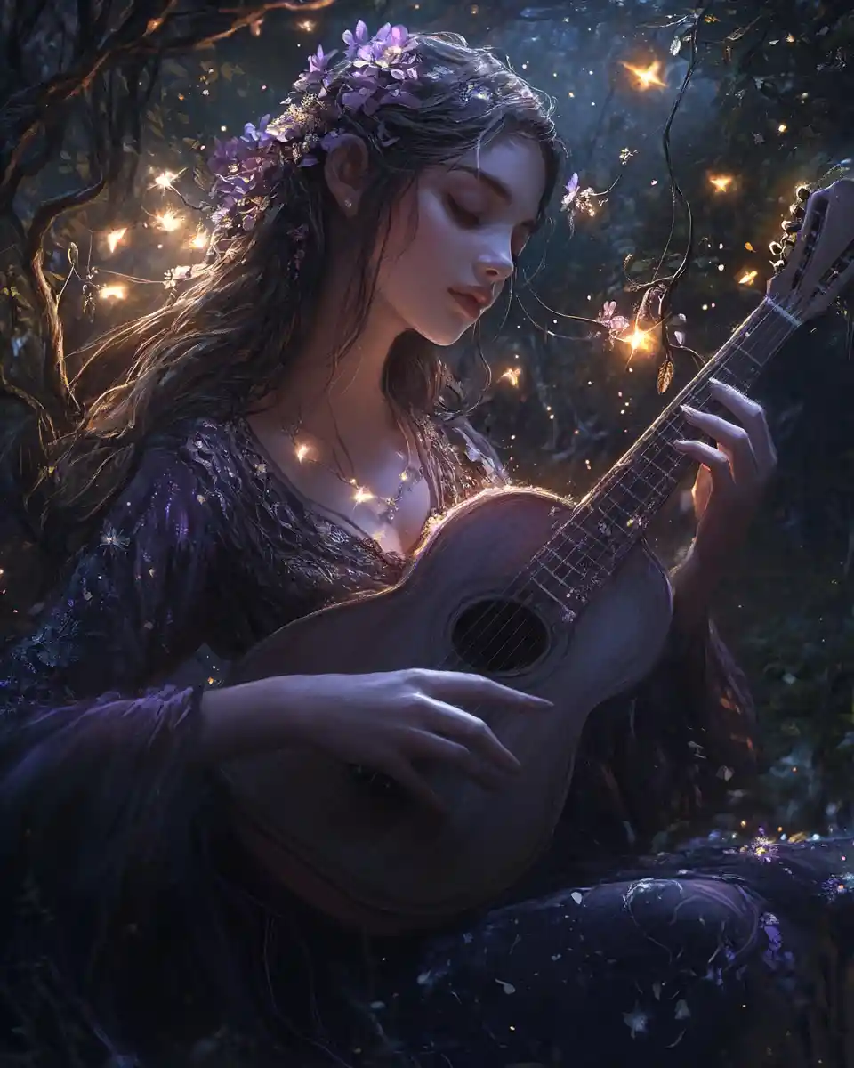 Minstrel Playing Lute In Enchanted Twilight Grove