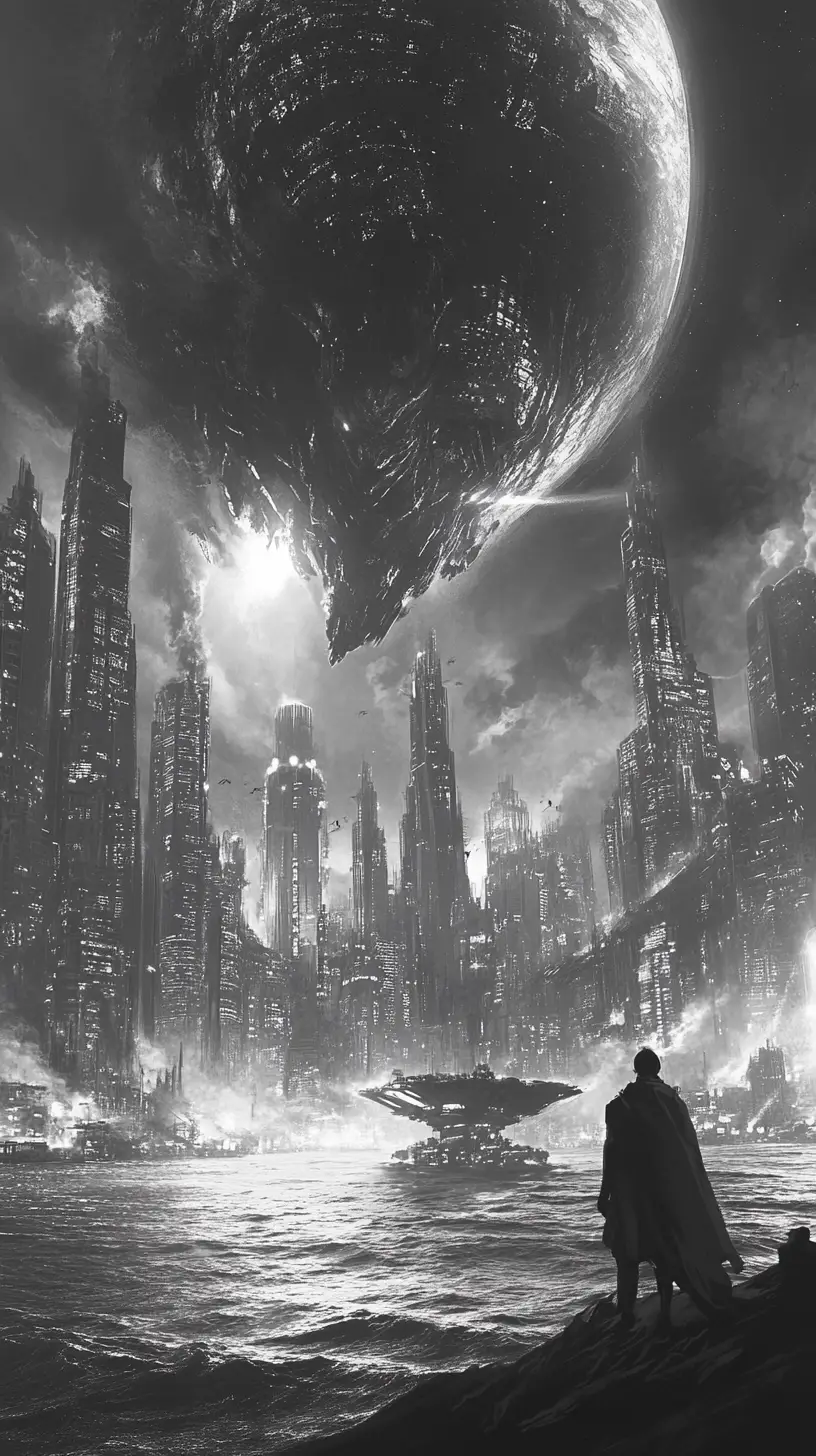 Gigantic dreamlike monster looming above a cold night city