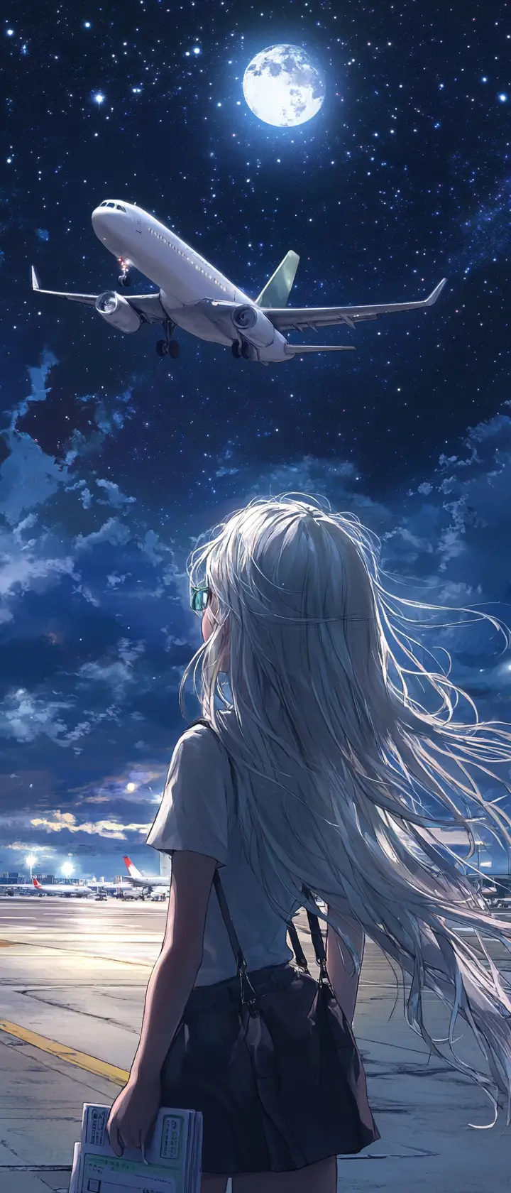 Anime girl on a moonlit airport runway watching a jet