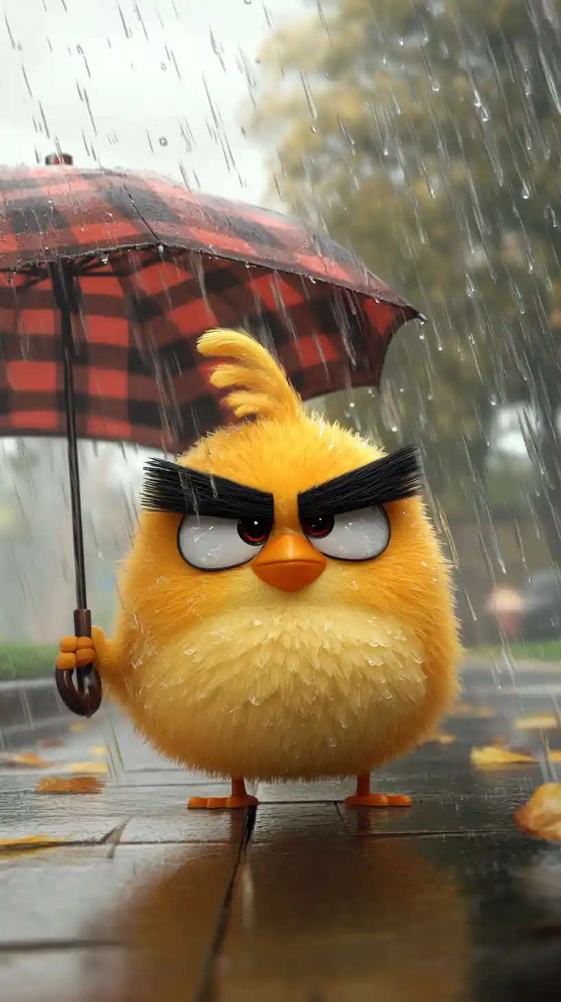 Angry cartoon chick with umbrella in heavy rain
