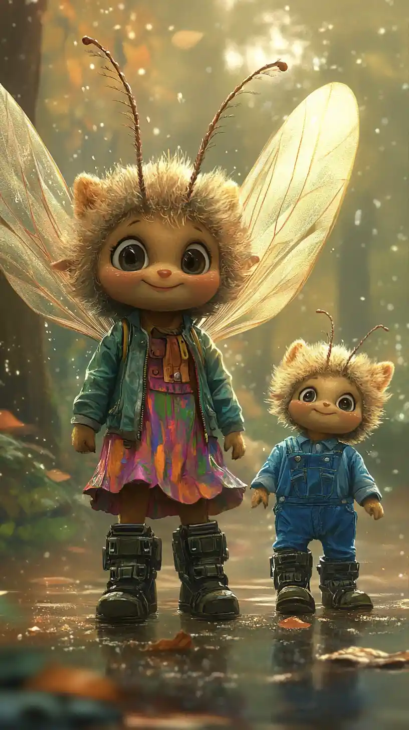 Anthropomorphic Insect Parent And Child In Enchanted Forest