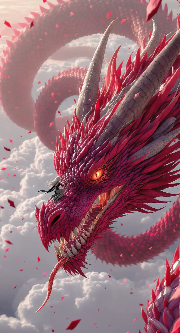 Woman riding a colossal rose petal dragon in the sky