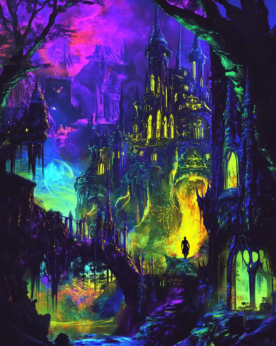 Surreal neon landscape with a dark vampiric figure