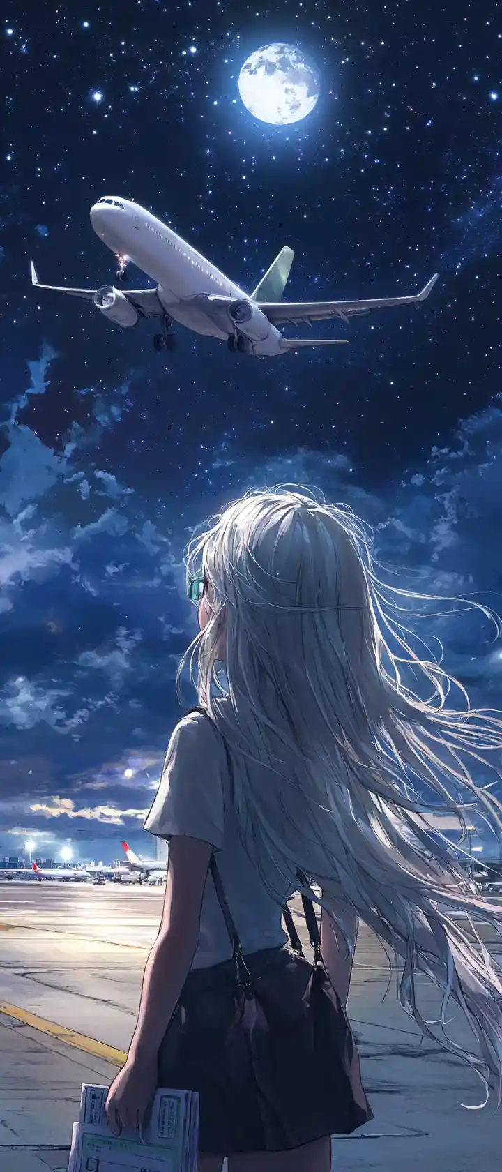 Anime girl on a moonlit airport runway watching a jet