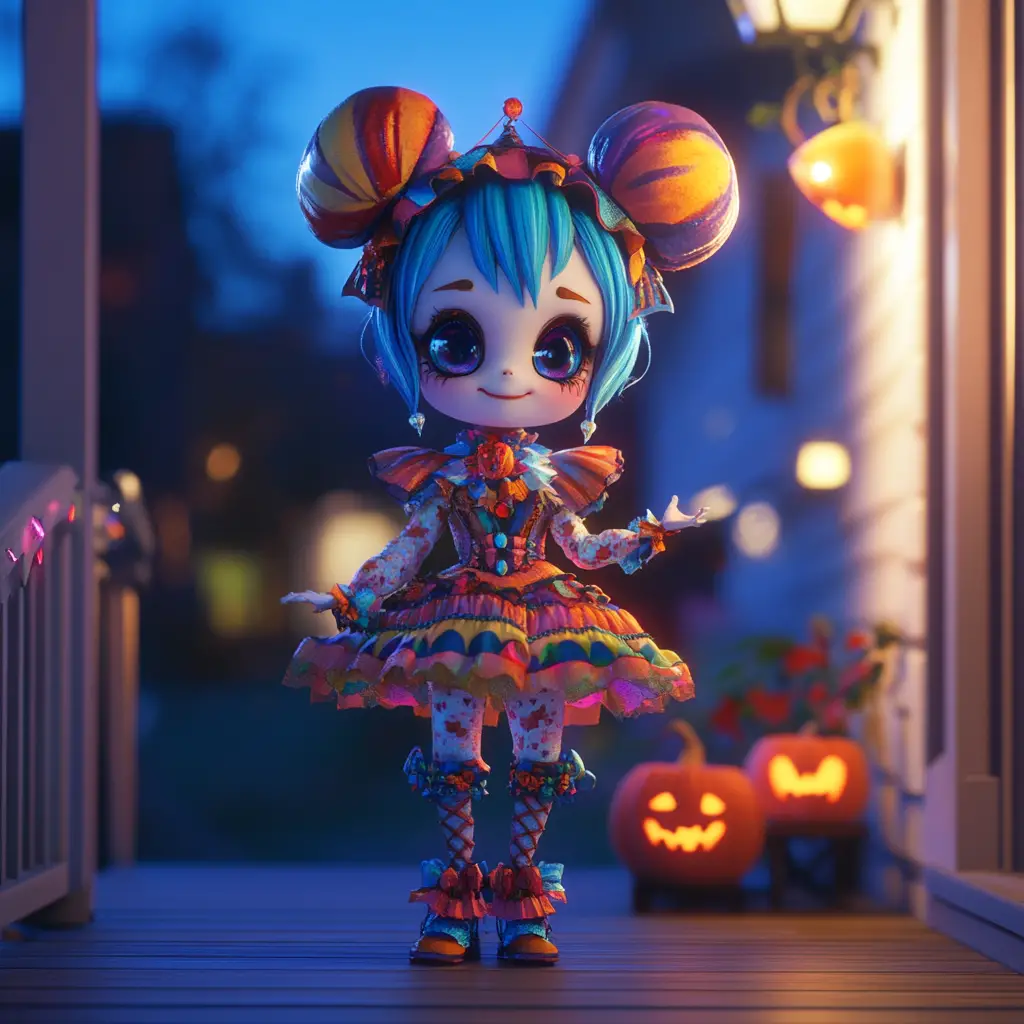 Charming Chibi Clown Girl On Suburban Halloween Porch