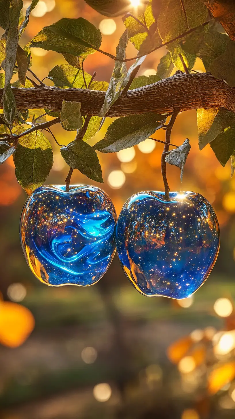 Surreal blue glass apples glowing in a golden forest