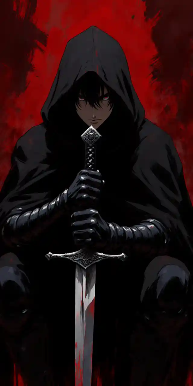 Brooding hooded warrior with sword in red shadows