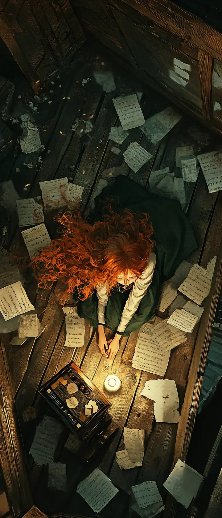 Anime girl in a candlelit attic with fading music