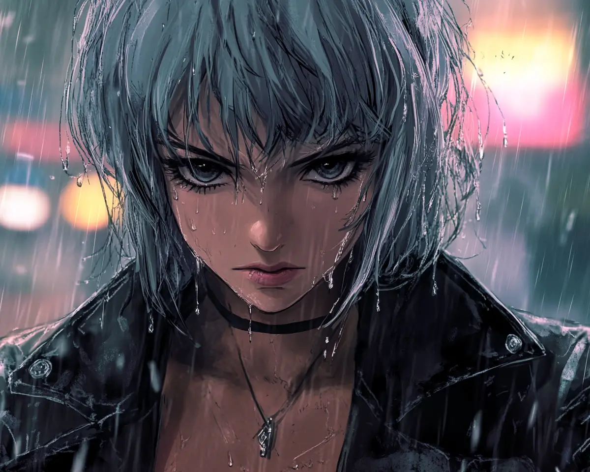 Anime girl in the rain on a foggy city street