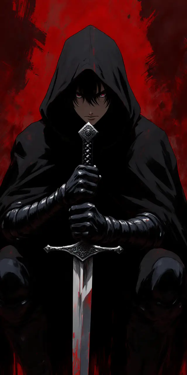 Brooding hooded warrior with sword in red shadows
