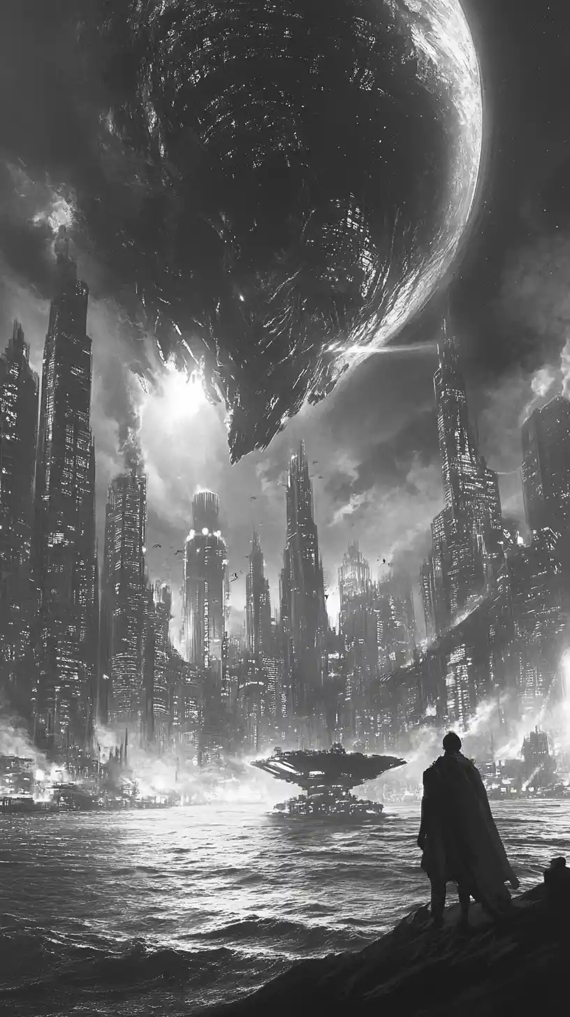 Gigantic dreamlike monster looming above a cold night city