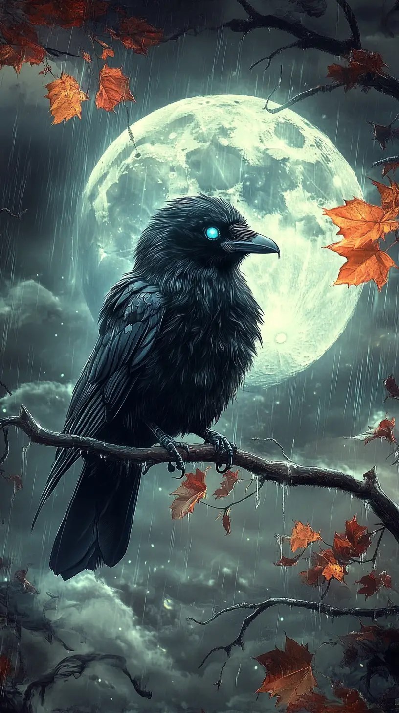 Black crow on rainy autumn branch under bright blue moon