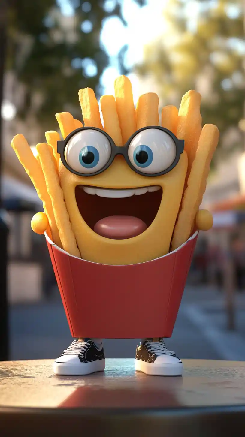 Cartoon french fries character in 3D standing on table