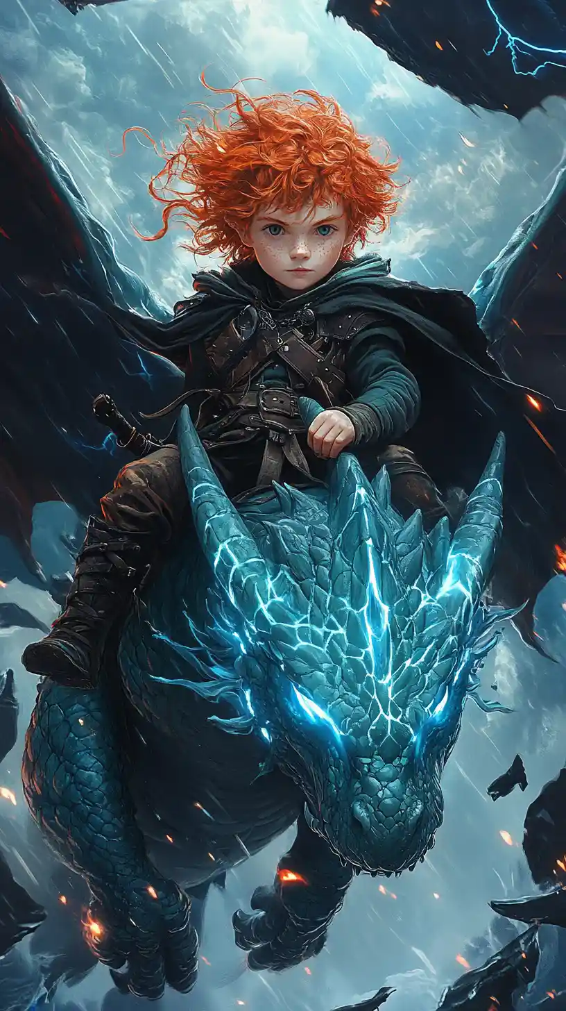 Young boy riding a colossal dragon through stormy skies