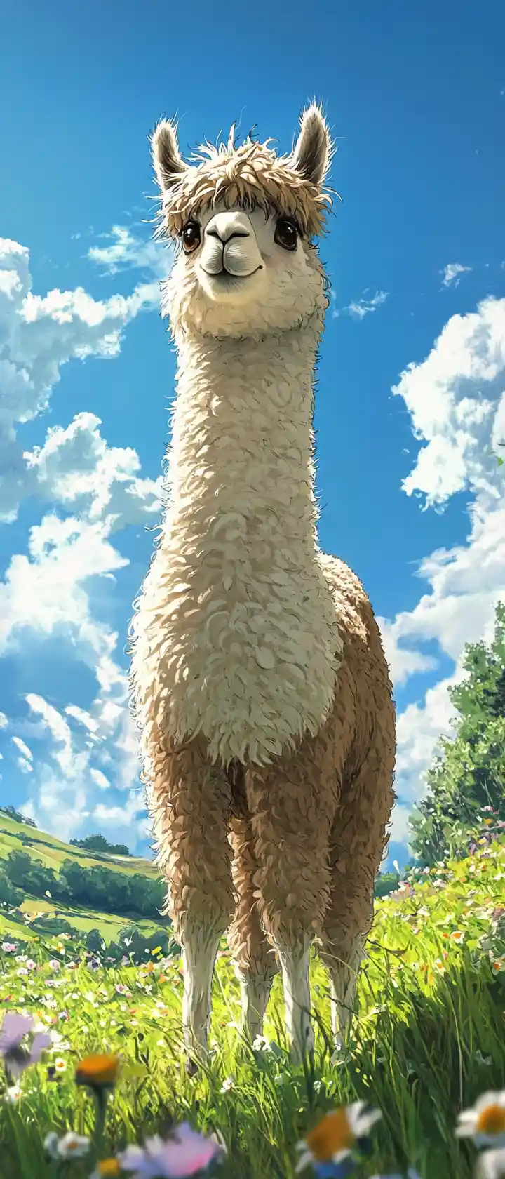 Cute anime alpaca standing on grass under blue sky