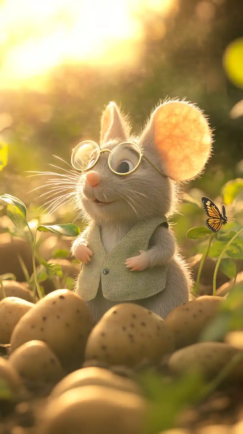 Thoughtful cartoon mouse in a sunny potato field