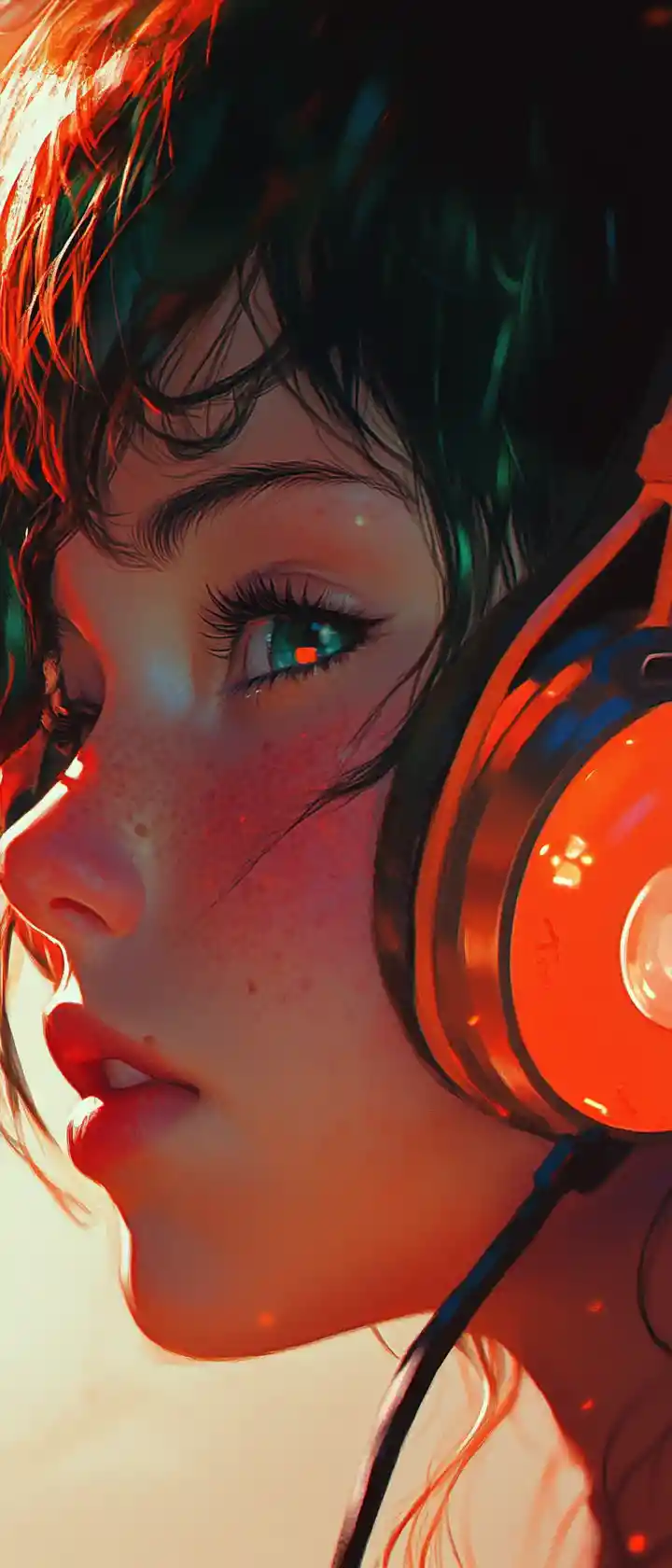 Anime girl with headphones immersed in vibrant music