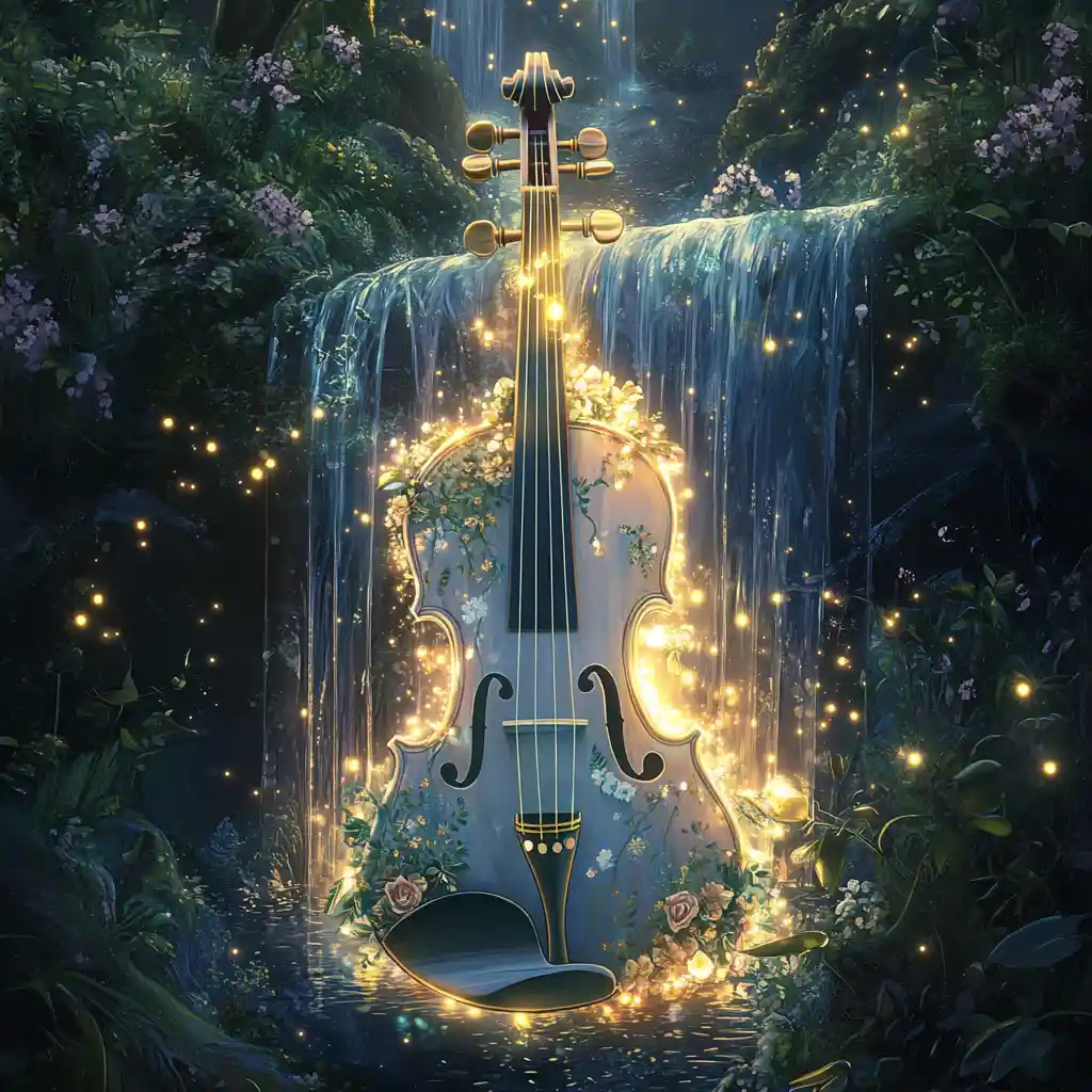 Enchanted Violin With Flowers In A Mystical Forest