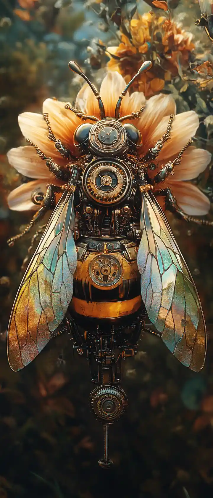 Clockwork steampunk bee on a mechanical fantasy flower