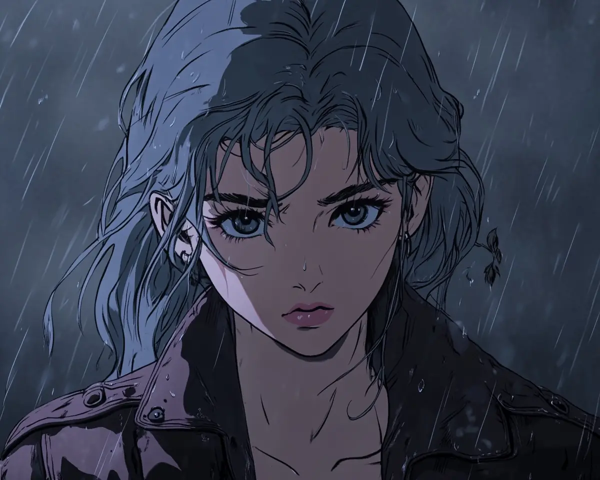 Anime girl in a leather jacket facing the rainy city