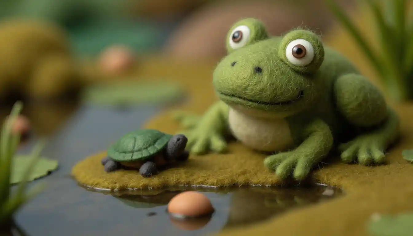 Gefilzte Frosch- und Schildkröten-Miniatur in einer gemütlichen Sumpfszene