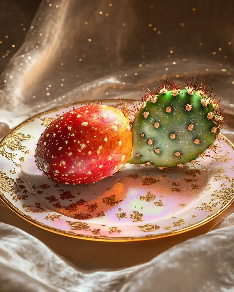 Fine dining cactus fruit plated with glowing golden light