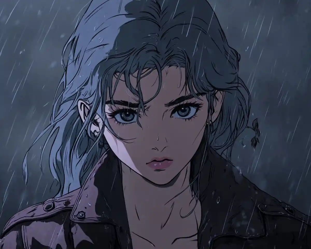 Anime girl in a leather jacket facing the rainy city