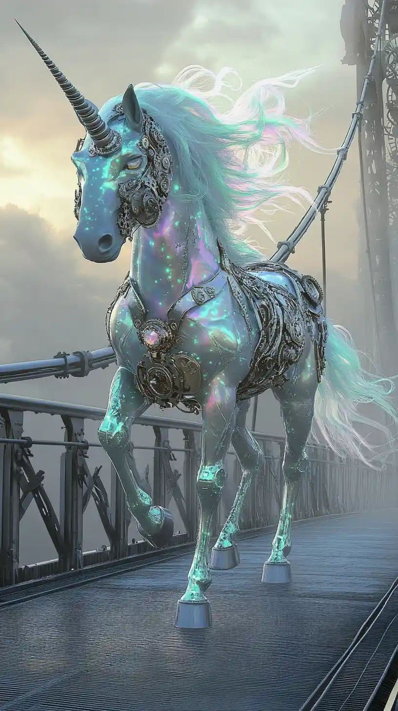 Mechanical unicorn on a steampunk bridge at dawn