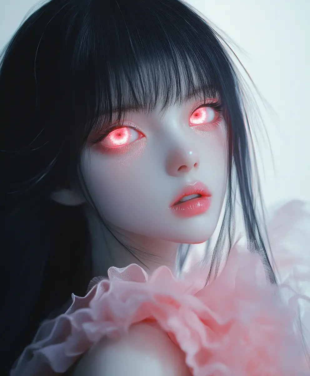 Iridescent anime girl portrait with glowing red eyes