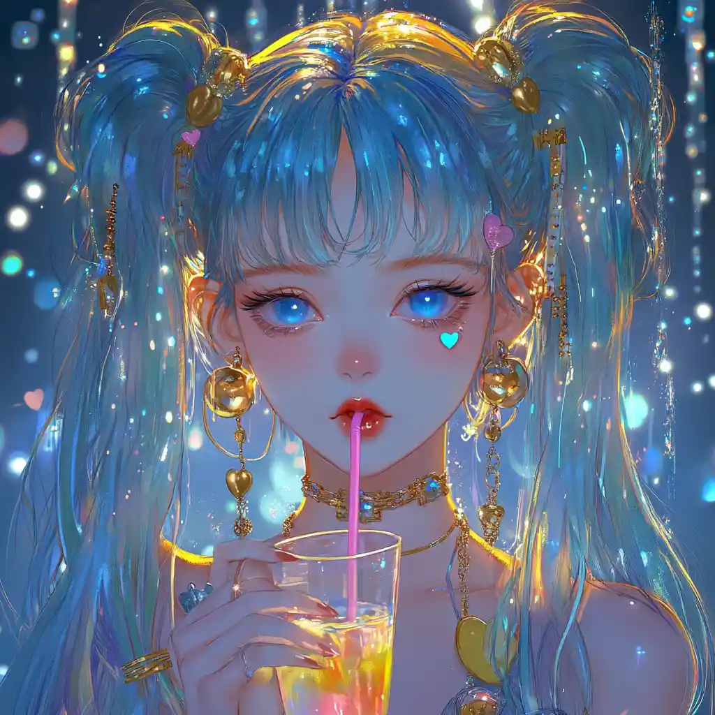Anime girl with neon hair holding a rainbow drink